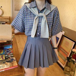 Set: Check Short-sleeve Shirt + Shawl As Figure - One Size