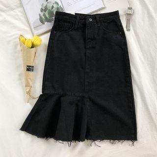 Asymmetric Hem Midi A-line Denim Skirt