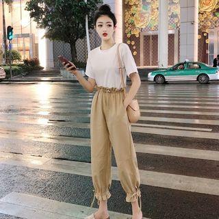 Short-sleeve T-shirt / Frill Trim Cropped Harem Pants