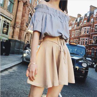 Set: Off-shoulder Elbow-sleeve Top + Tie-front A-line Mini Skirt