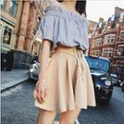 Set: Off-shoulder Elbow-sleeve Top + Tie-front A-line Mini Skirt