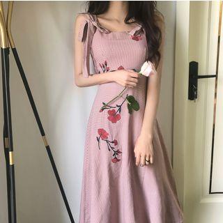 Strappy Floral Embroidery Plaid A-line Midi Dress