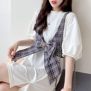Set: Elbow-sleeve Mini T-shirt Dress + Plaid Bow Camisole