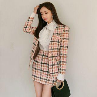 Set: Houndstooth Single-button Blazer + Mini Pencil Skirt