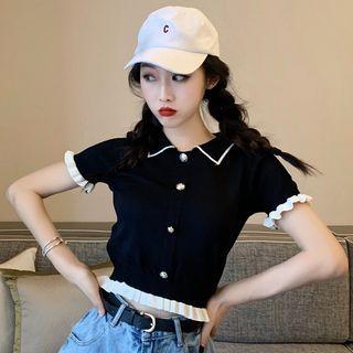 Short-sleeve Frill Trim Knit Buttoned Top