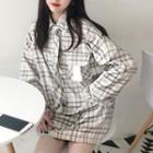 Long-sleeve Plaid Top Beige - One Size