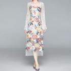 Long-sleeve Floral Embroidered Lace Midi Sheath Dress