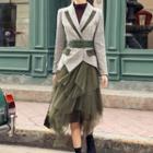 Plaid Blazer / Mesh Midi A-line Skirt