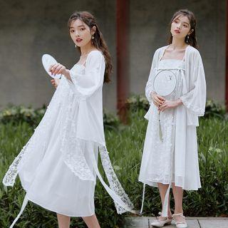 Strappy Lace Trim Midi A-line Dress / Light Jacket / Set