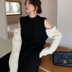 Color Panel Off-shoulder Casual Sweater Black & Beige - One Size