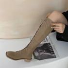 Plain Block Heel Lace-up Tall Boots