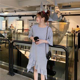 3/4-sleeve Ruffled Asymmetric Hem Tank Dress