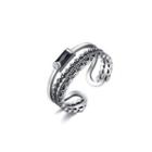 925 Sterling Silver Fashion Elegant Geometric Black Cubic Zirconia Adjustable Open Ring Silver - One Size