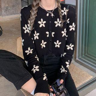 Flower Pattern Long-sleeve Cardigan Black - One Size