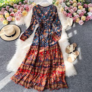 V-neck Long-sleeve Bohemian Print Maxi Dress