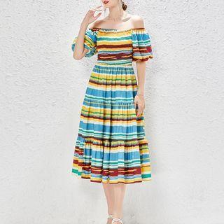 Elbow-sleeve Off-shoulder Striped Midi A-line Dress