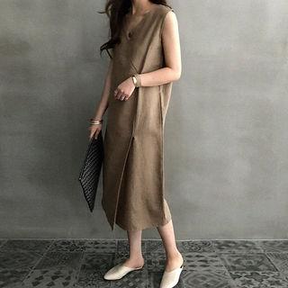 Sleeveless Wrap-front Ramie Long Shift Dress