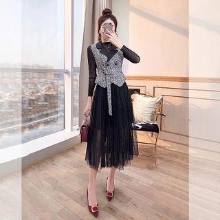 Set: Long-sleeve Mesh Top + Sleeveless Paneled A-line Midi Dress