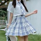 Embroidered Shirt / Plaid Mini A-line Pleated Skirt / Neck Tie / Set