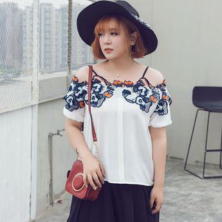 Embroidered Cold Shoulder Short-sleeve Top