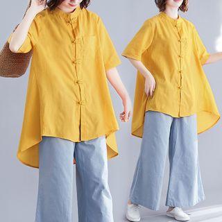 Set : Asymmetrical Chinese Knot Button Shirt + Wide-leg Pants