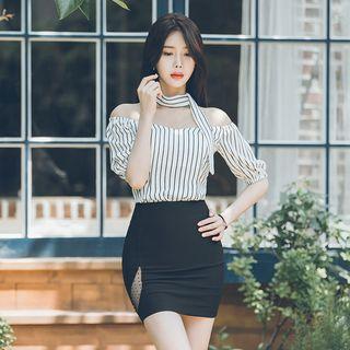 Set: Off-shoulder Striped Top + Skirt
