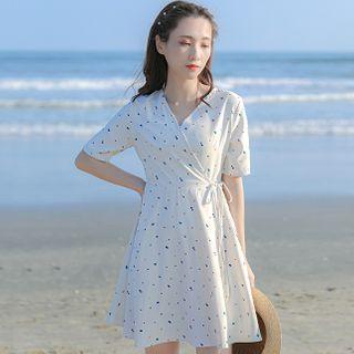 Short-sleeve Dotted V-neck A-line Mini Dress