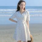Short-sleeve Dotted V-neck A-line Mini Dress
