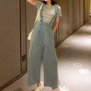 Striped Short-sleeve T-shirt / Suspender Pants / Set