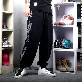 Drawstring Print Panel Gathered Cuff Pants