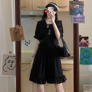 Short-sleeve Ruffle Trim Mini A-line Dress Black - One Size