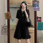 Short-sleeve Ruffle Trim Mini A-line Dress Black - One Size