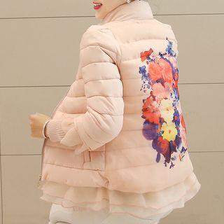 Organza Panel Floral Print Padded Jacket