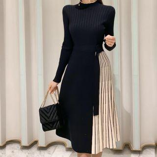 Striped Panel Knit Midi A-line Dress Black - One Size