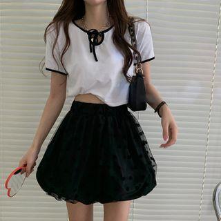 Open Back Short-sleeve T-shirt / Dotted Mini Skirt