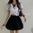 Open Back Short-sleeve T-shirt / Dotted Mini Skirt