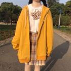 Zip Hoodie / Long-sleeve Shirt / Mini Plaid Pleated Skirt / Bow Tie / Set