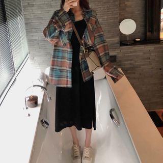 Plaid Shirt / Spaghetti-strap Midi A-line Dress / Set