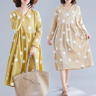 Dotted Print V-neck Long-sleeve Dress
