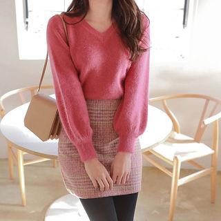 V-neck Bishop-sleeve Furry Knit Top