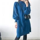 Balloon-sleeve Knit Dress Blue - One Size
