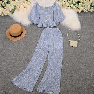 Set: Balloon-sleeve Floral Blouse + Wide Leg Pants