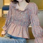 Bell-sleeve Square Neck Plaid Loose Fit Top