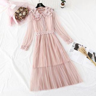 Crochet Applique Mesh Overlay Midi Dress