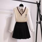 Plain Blouse / Embroidered Sweater Vest / Mini Pleated Skirt / Set