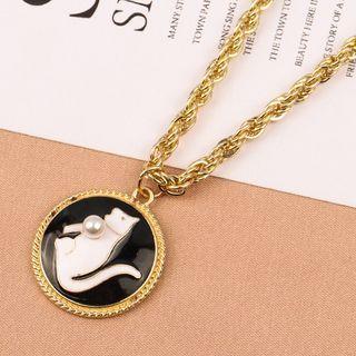 Faux Pearl Cat Pendant Necklace 1pc - Gold & Black & White - One Size