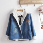 Cat Embroidered Fleece Panel Denim Jacket/ Bow Accent Long-sleeve Blouse/ Set