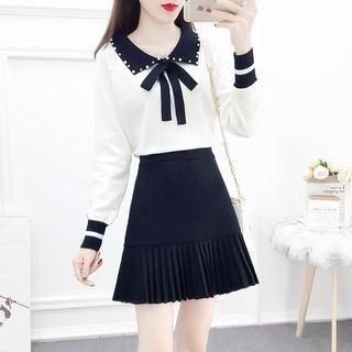 Set: Faux Pearl Bow Polo-neck Knit Top + Mini A-line Skirt