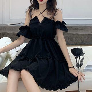 Short-sleeve Cold Shoulder A-line Mini Dress Black - One Size
