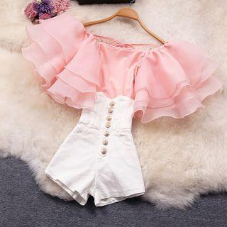 Set: Short-sleeve Ruffle Blouse + Shorts